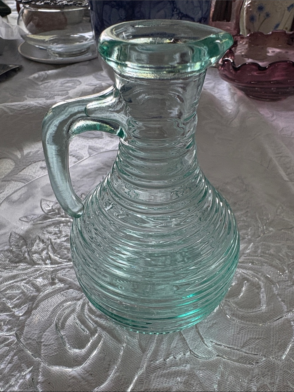 Aquamarine Ribbed Glass Cruet with Handle